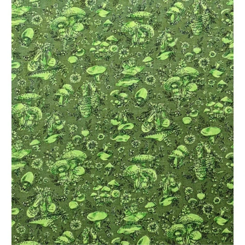 Vintage 1970's Mushroom Fabric Avocado Green Cottagecore Funky Calico Print‎ 3yd